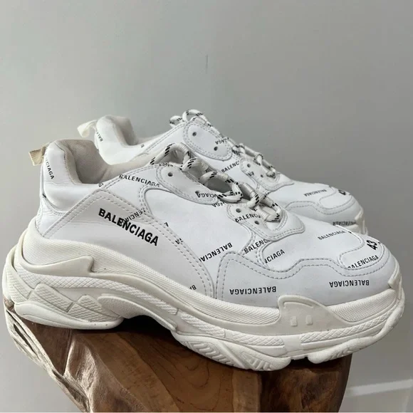 Size 10- Balenciaga Triple S Sneaker Allover Logo - White